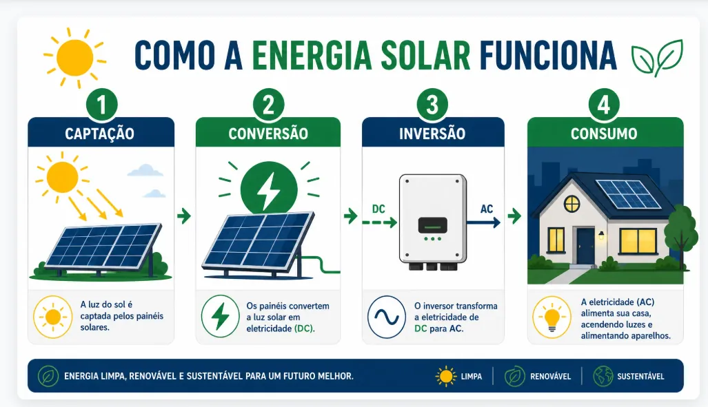 Infográfico Como a Energia Solar Funciona: captação pelos painéis, conversão, inversor e consumo na residência
